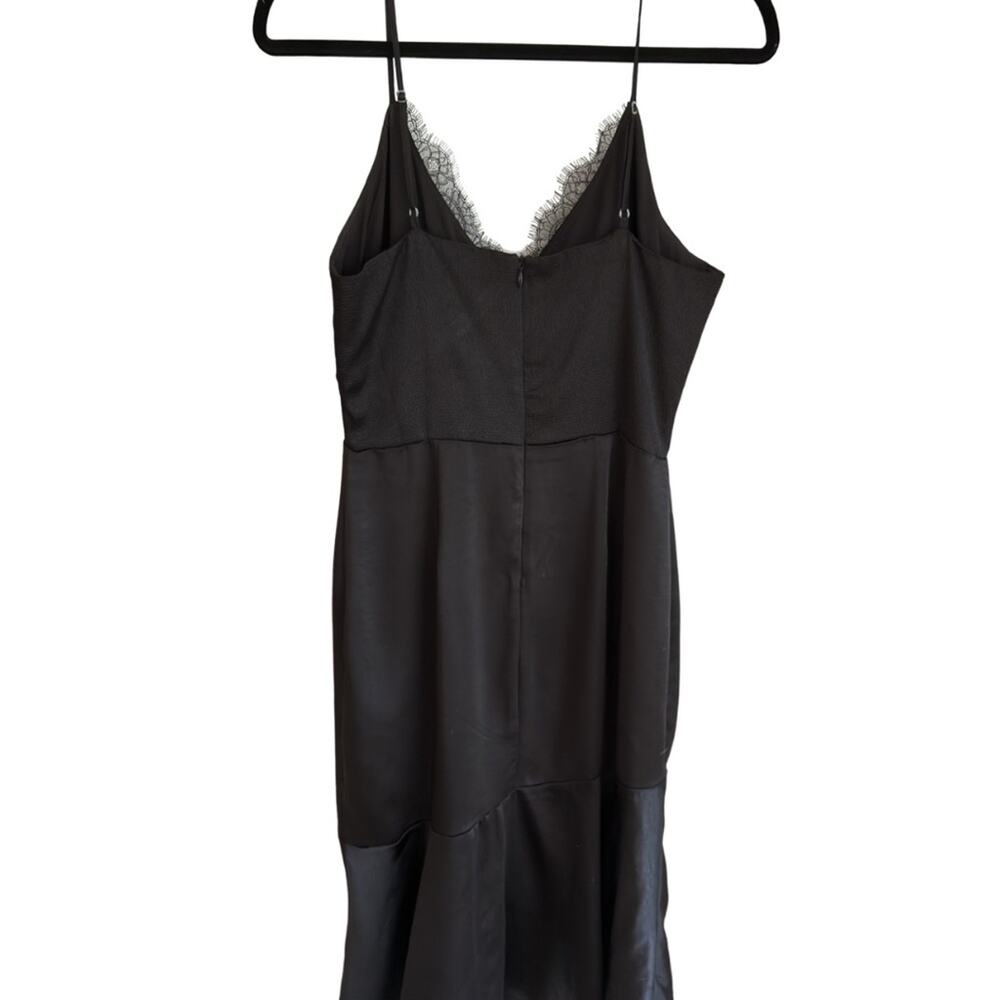 Black Satin Slip Dress Lace Trim Midi High Low Spaghetti Strap Goth M - Picture 3 of 8